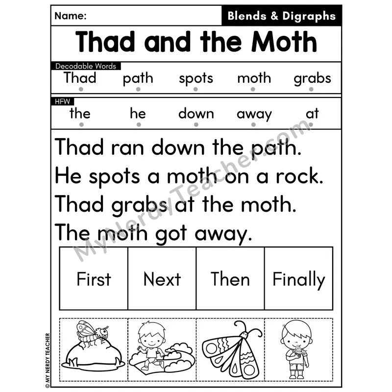 Digraphs and Blends Decodable Passage with Sequencing #12 — Thad and the Moth