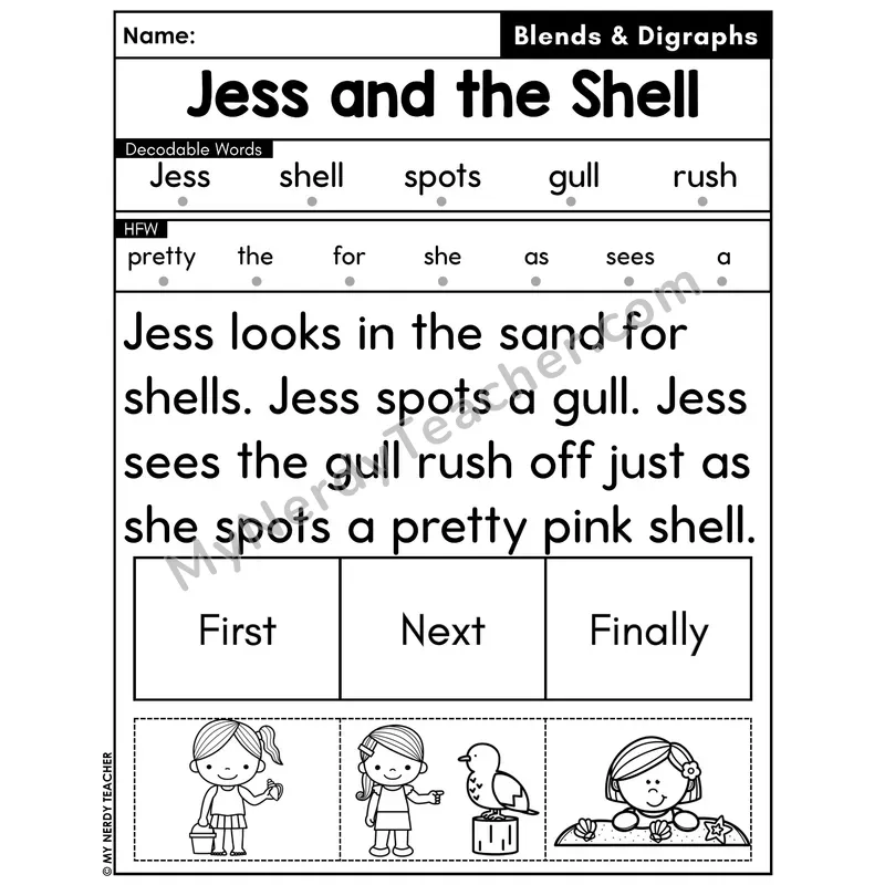 Digraphs and Blends Decodable Passage with Sequencing #23 — Jess and the Shell