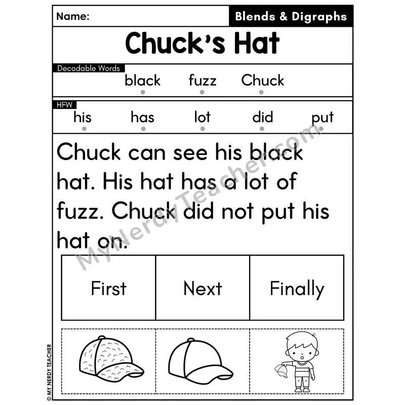Digraphs and Blends Decodable Passage with Sequencing #15 — Chuck's Hat