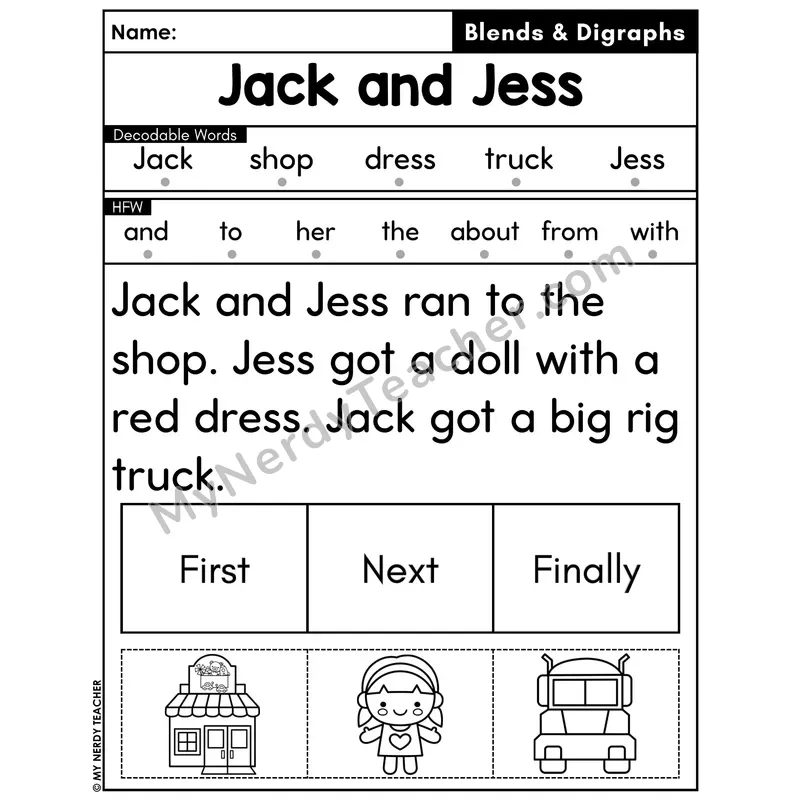 Digraphs and Blends Decodable Passage with Sequencing #14 — Jack and Jess