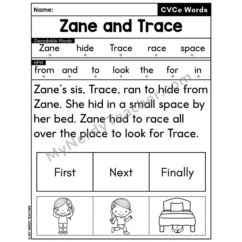 CVCe Silent E Decodable Passage with Sequencing #11 — Zane and Trace