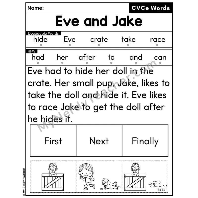 CVCe Silent E Decodable Passage with Sequencing #12 — Eve and Jake