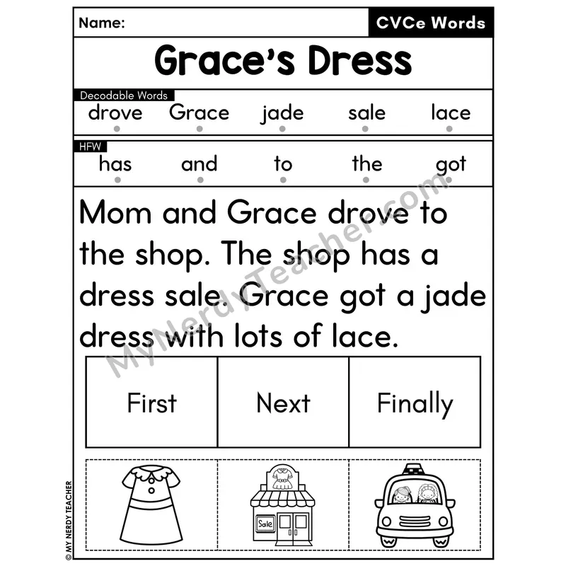 CVCe Silent E Decodable Passage with Sequencing #13 — Grace's Dress