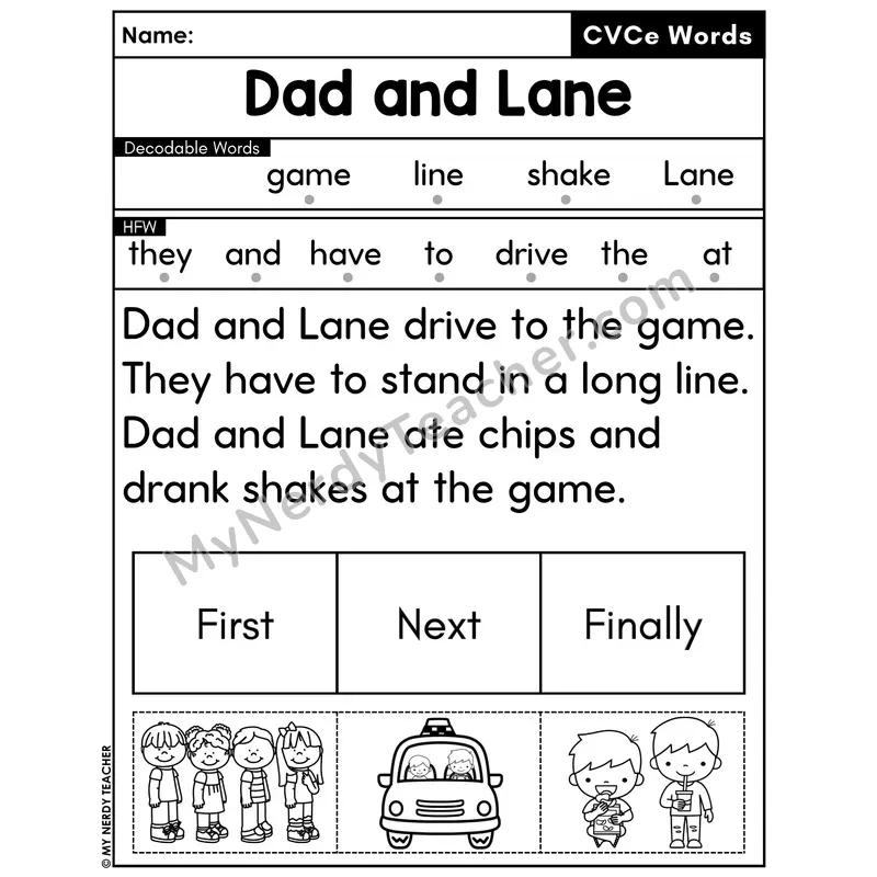 CVCe Silent E Decodable Passage with Sequencing #4 — Dad and Lane