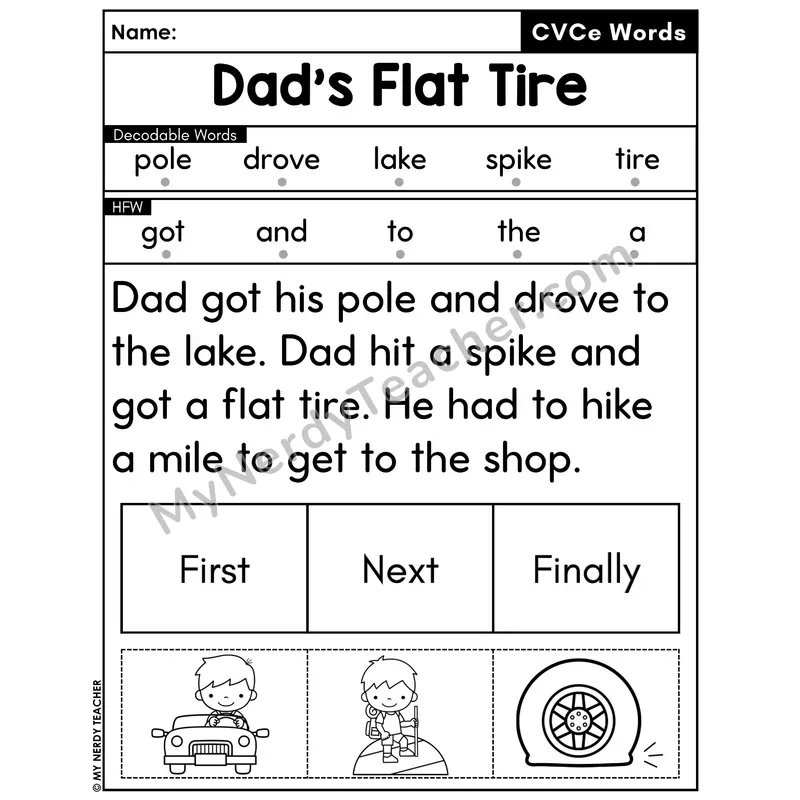 CVCe Silent E Decodable Passage with Sequencing #9 — Dad's Flat Tire