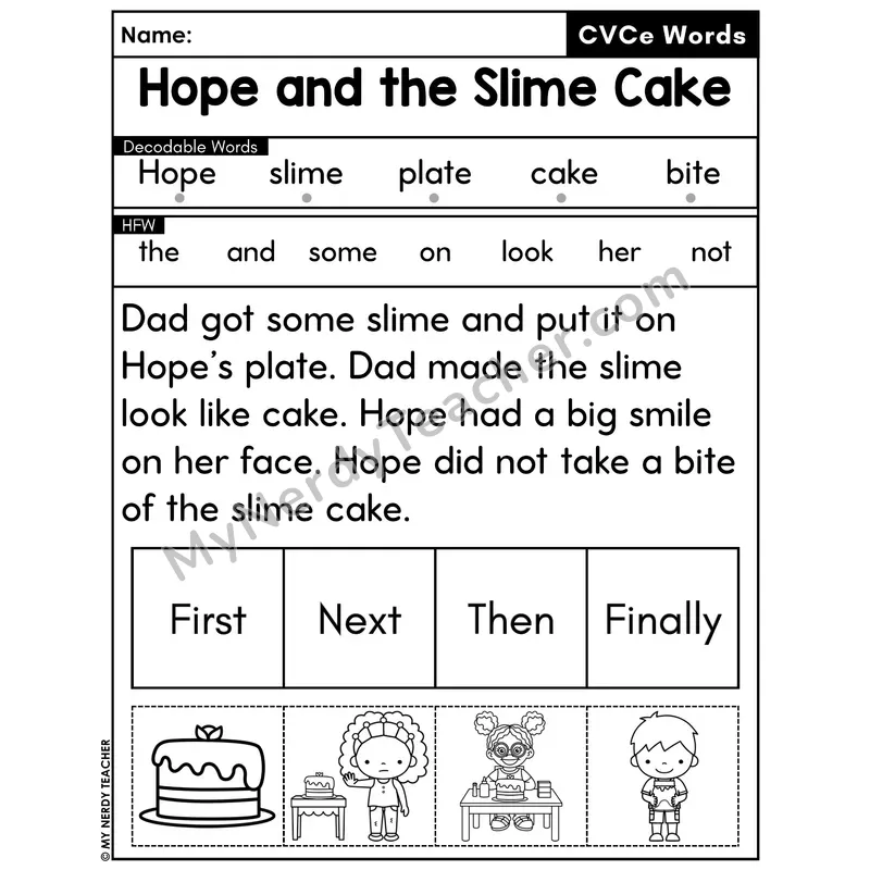 CVCe Silent E Decodable Passage with Sequencing #6 — Hope and the Slime Cake