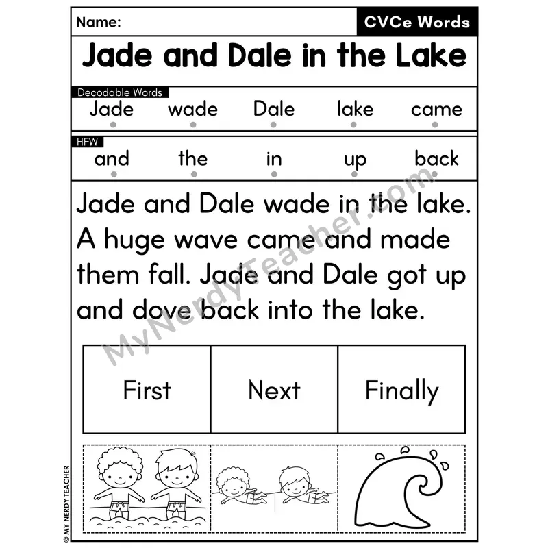 CVCe Silent E Decodable Passage with Sequencing #7 — Jade and Dale in the Lake