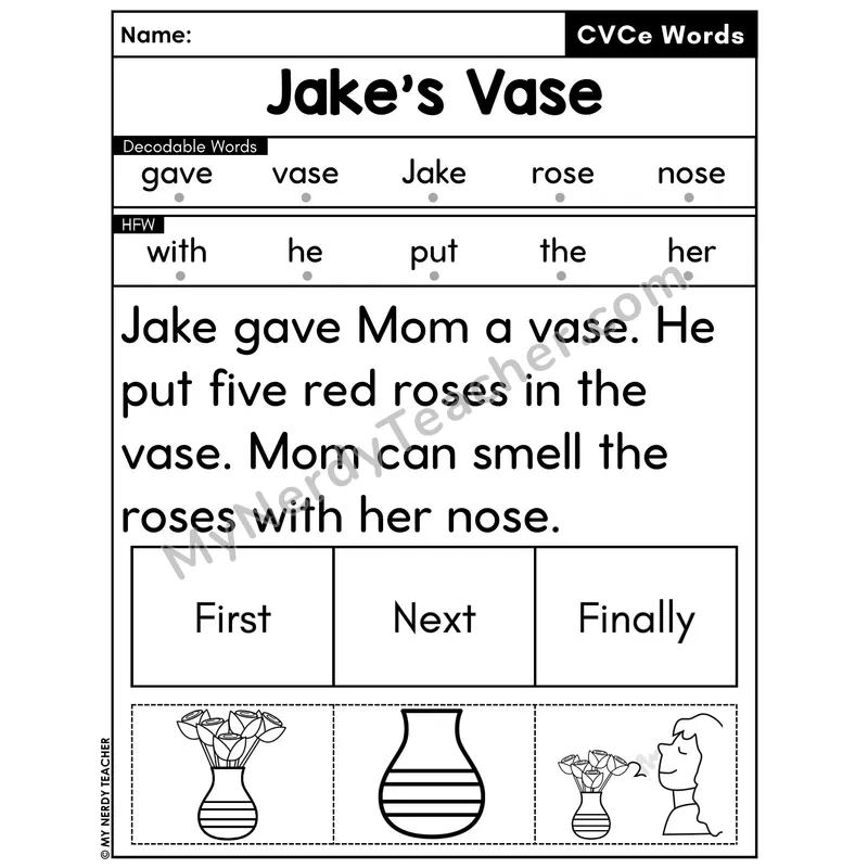 CVCe Silent E Decodable Passage with Sequencing #1 — Jake's Vase