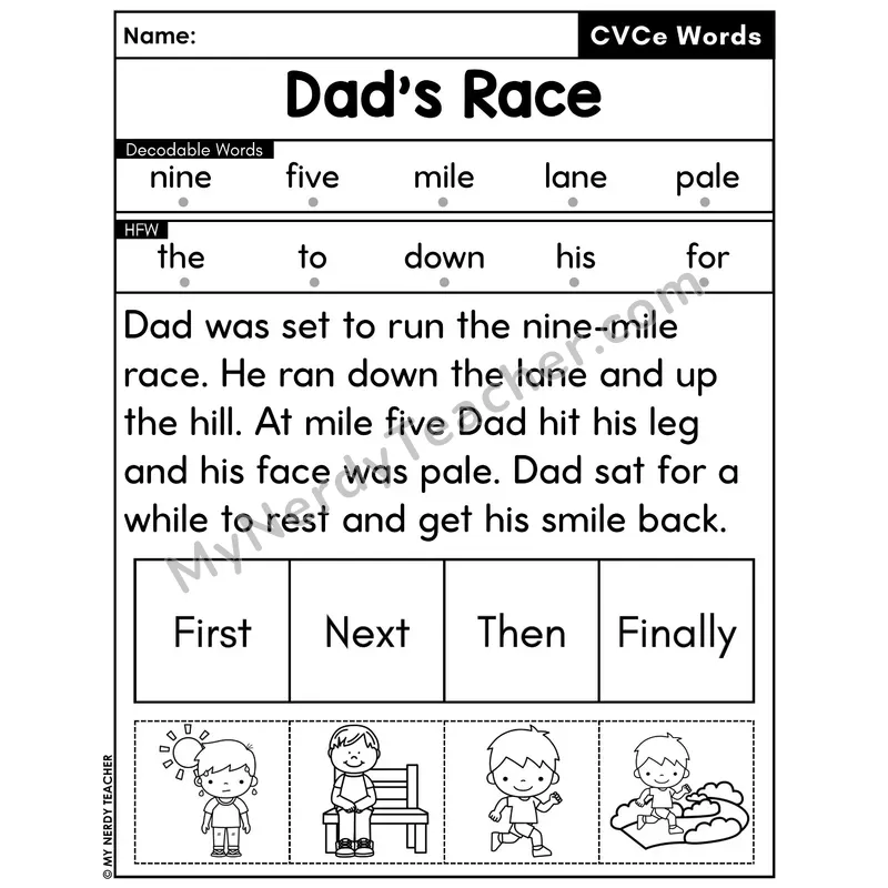 CVCe Silent E Decodable Passage with Sequencing #41 — Dad's Race
