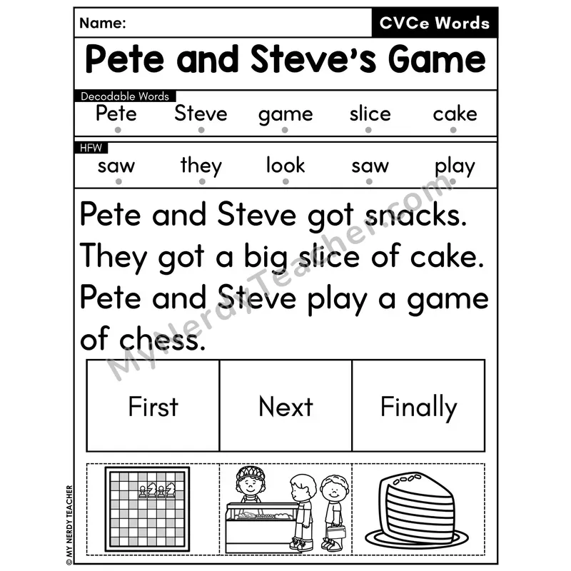 CVCe Silent E Decodable Passage with Sequencing #47 — Pete and Steve's Game