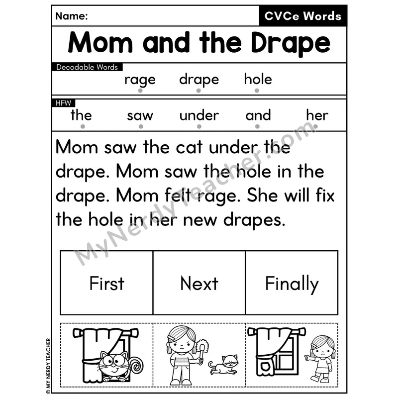 CVCe Silent E Decodable Passage with Sequencing #46 — Mom and the Drape