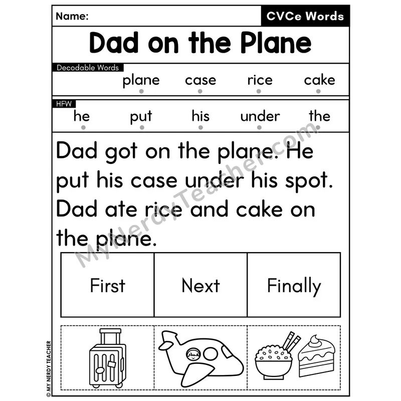 CVCe Silent E Decodable Passage with Sequencing #42 — Dad on the Plane