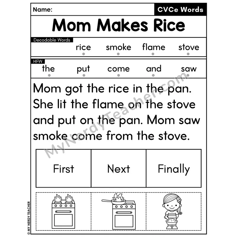 CVCe Silent E Decodable Passage with Sequencing #44 — Mom Makes Rice