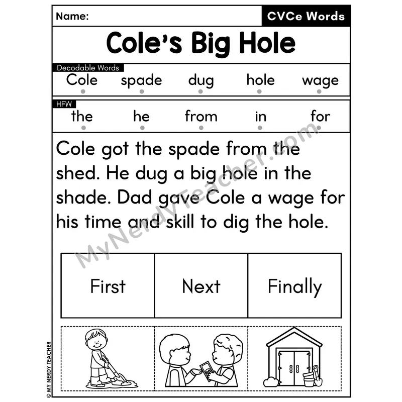 CVCe Silent E Decodable Passage with Sequencing #38 — Cole's Big Hole