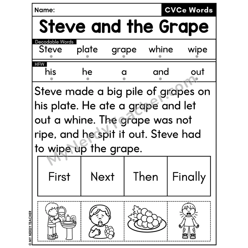 CVCe Silent E Decodable Passage with Sequencing #37 — Steve and the Grape