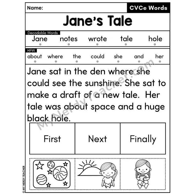 CVCe Silent E Decodable Passage with Sequencing #35 — Jane's Tale