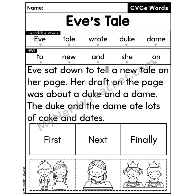 CVCe Silent E Decodable Passage with Sequencing #34 — Eve's Tale