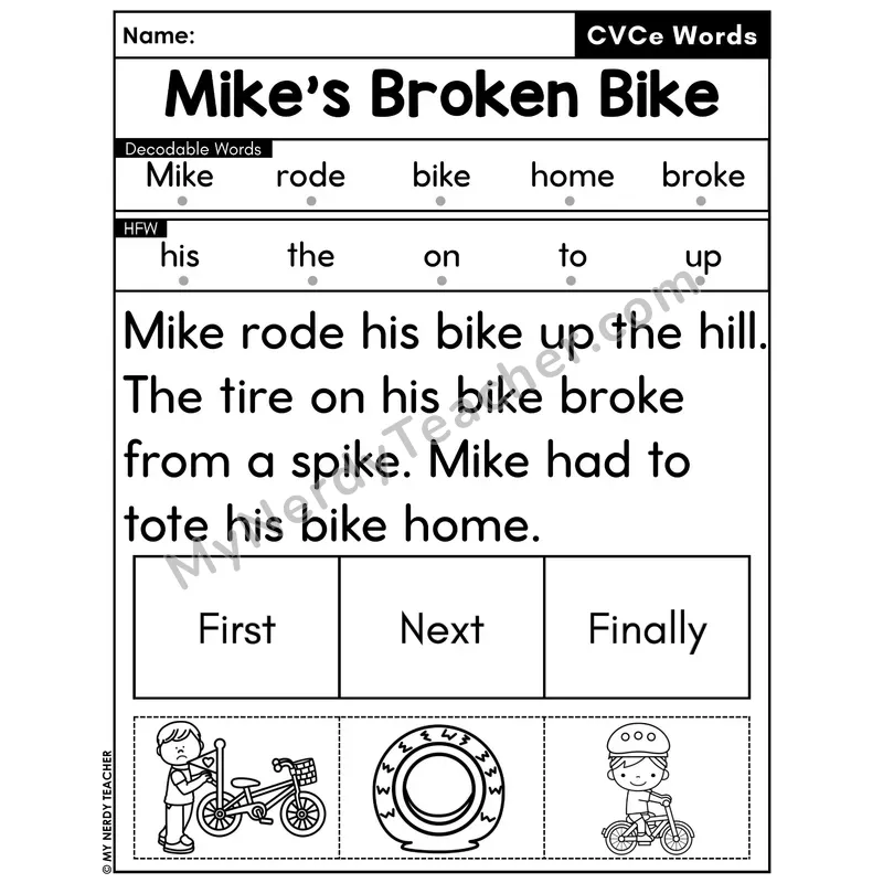 CVCe Silent E Decodable Passage with Sequencing #40 — Mike's Broken Bike