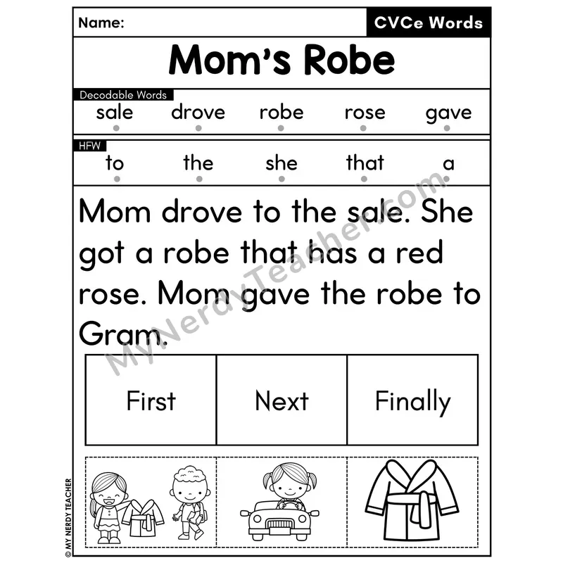 CVCe Silent E Decodable Passage with Sequencing #39 — Mom's Robe