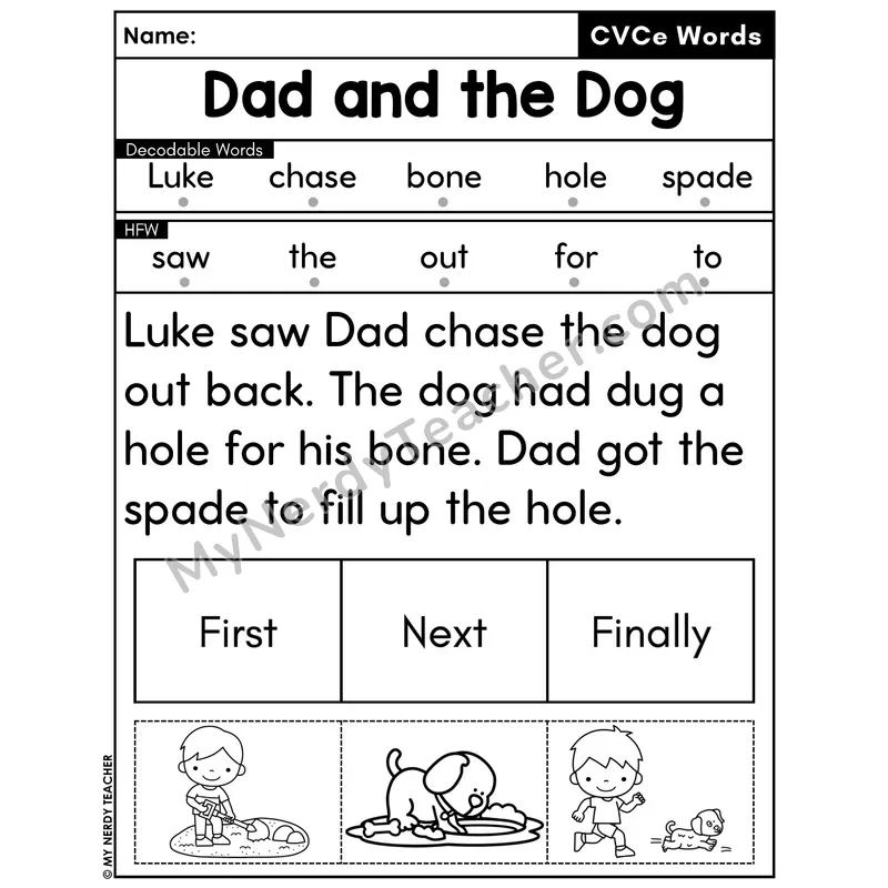 CVCe Silent E Decodable Passage with Sequencing #33 — Dad and the Dog