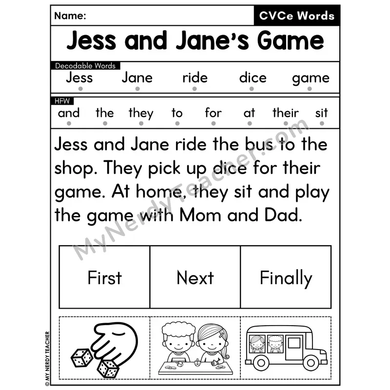 CVCe Silent E Decodable Passage with Sequencing #26 — Jess and Jane's Game