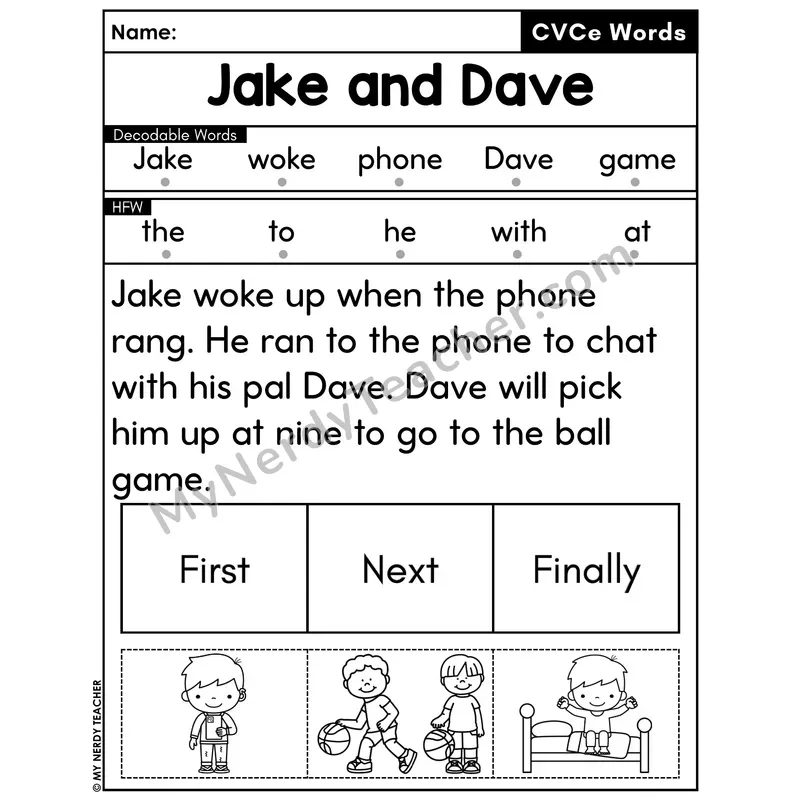 CVCe Silent E Decodable Passage with Sequencing #29 — Jake and Dave
