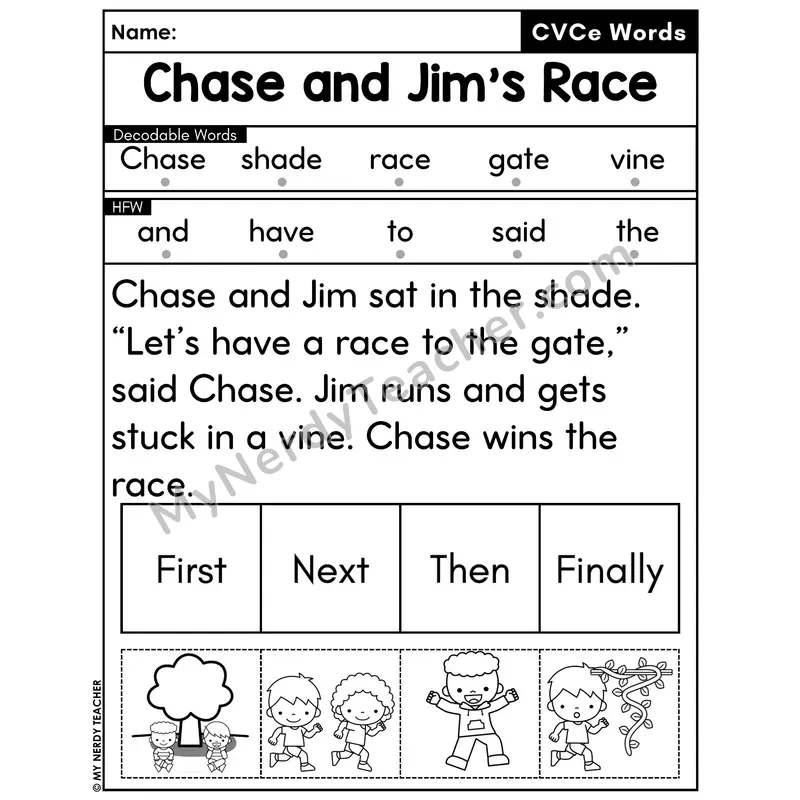CVCe Silent E Decodable Passage with Sequencing #25 — Chase and Jim's Race