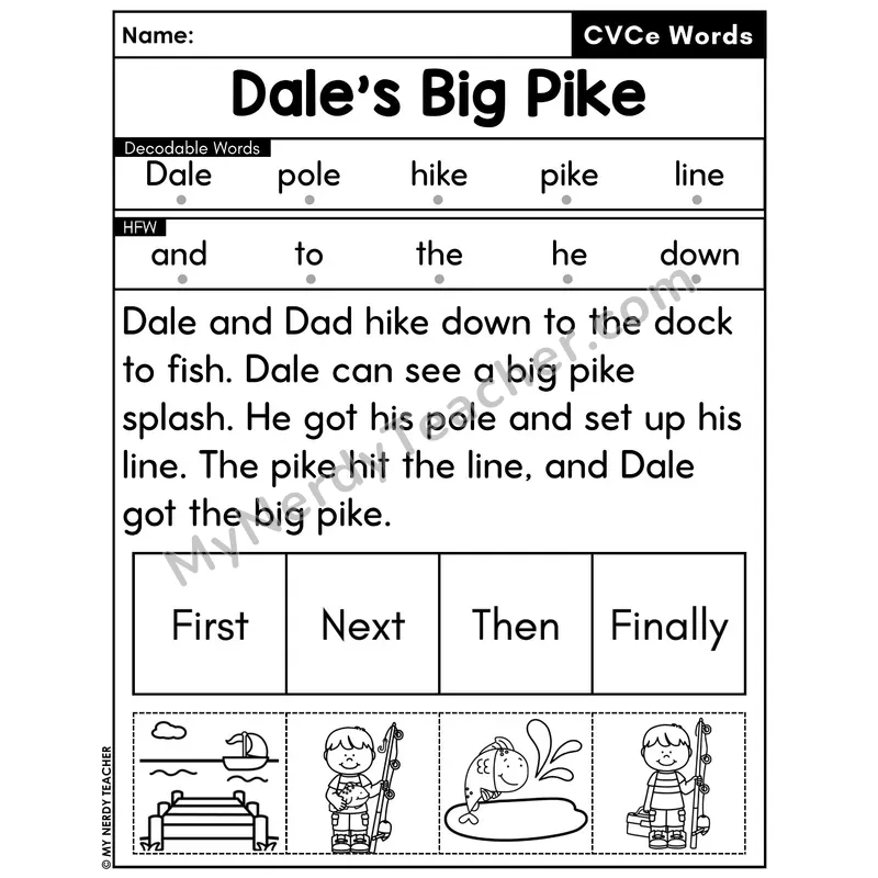 CVCe Silent E Decodable Passage with Sequencing #27 — Dale's Big Pike