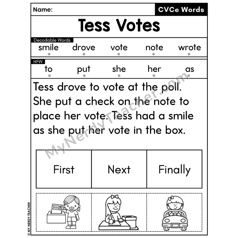 CVCe Silent E Decodable Passage with Sequencing #32 — Tess Votes