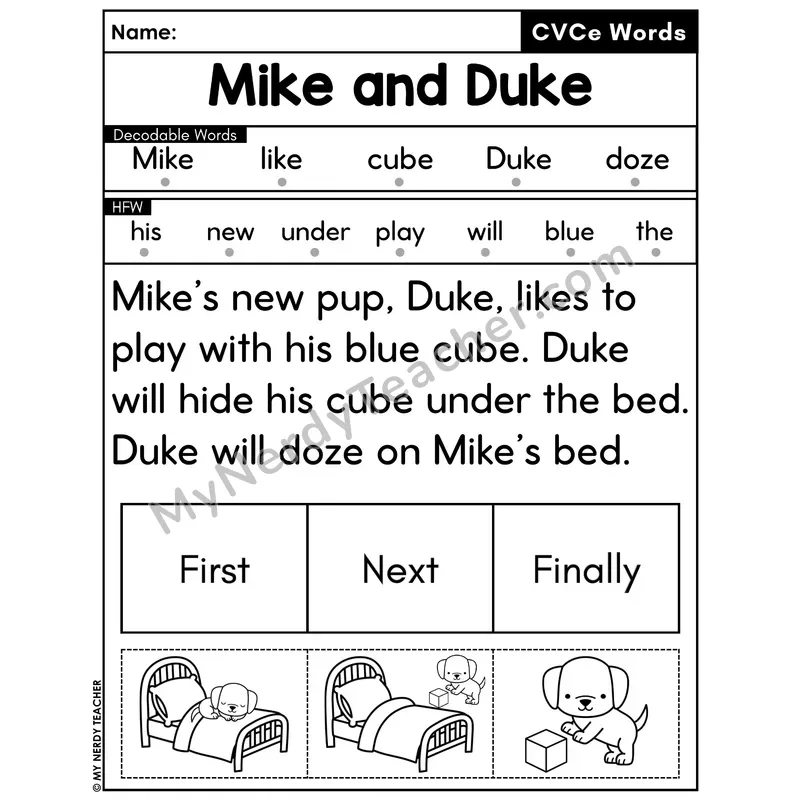 CVCe Silent E Decodable Passage with Sequencing #30 — Mike and Duke