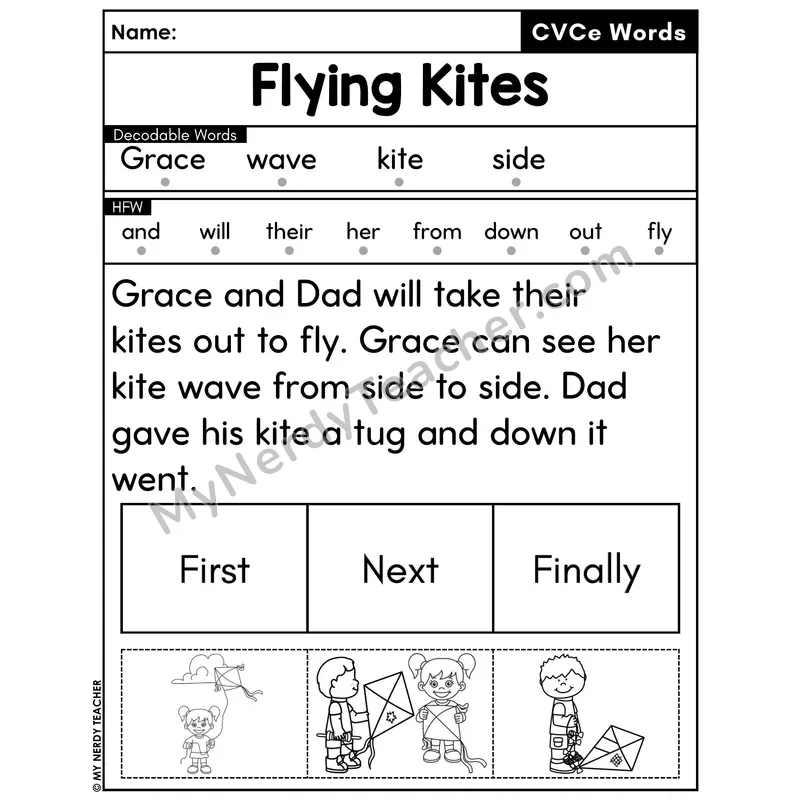 CVCe Silent E Decodable Passage with Sequencing #20 — Flying Kites