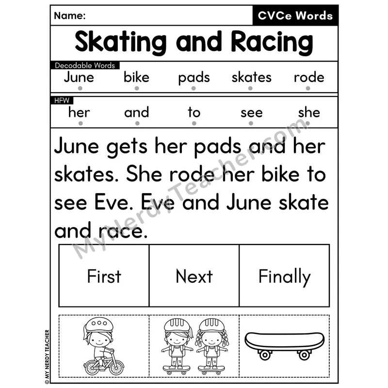 CVCe Silent E Decodable Passage with Sequencing #17 — Skating and Racing
