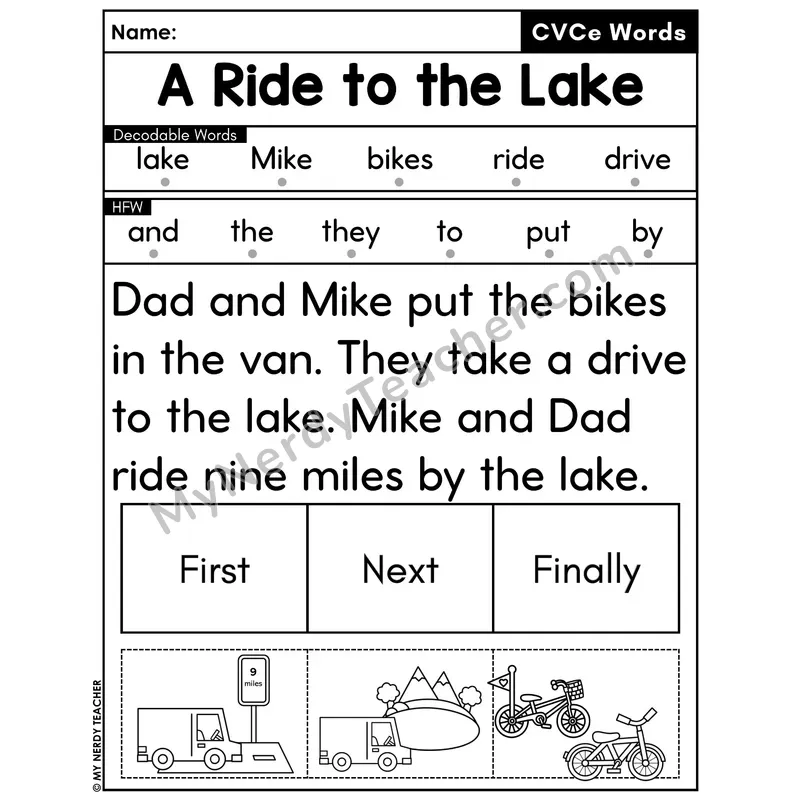 CVCe Silent E Decodable Passage with Sequencing #16 — A Ride to the Lake