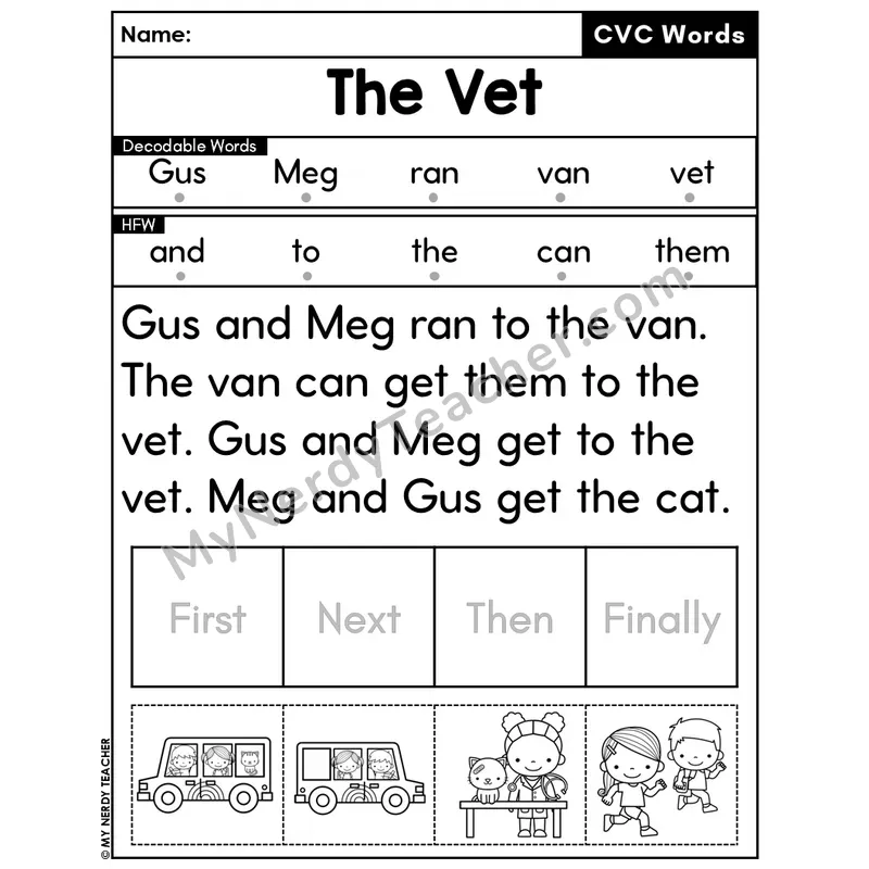 CVC Decodable Passage & Sequencing — Editable PPT #2 — The Vet