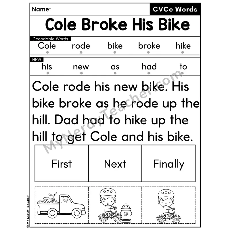 CVCe Silent E Decodable Passage with Sequencing #21 — Cole Broke His Bike