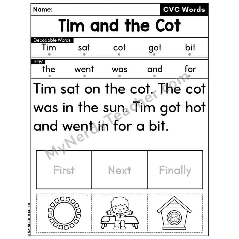 CVC Decodable Passage & Sequencing — Editable PPT #4 — Tim and the Cot