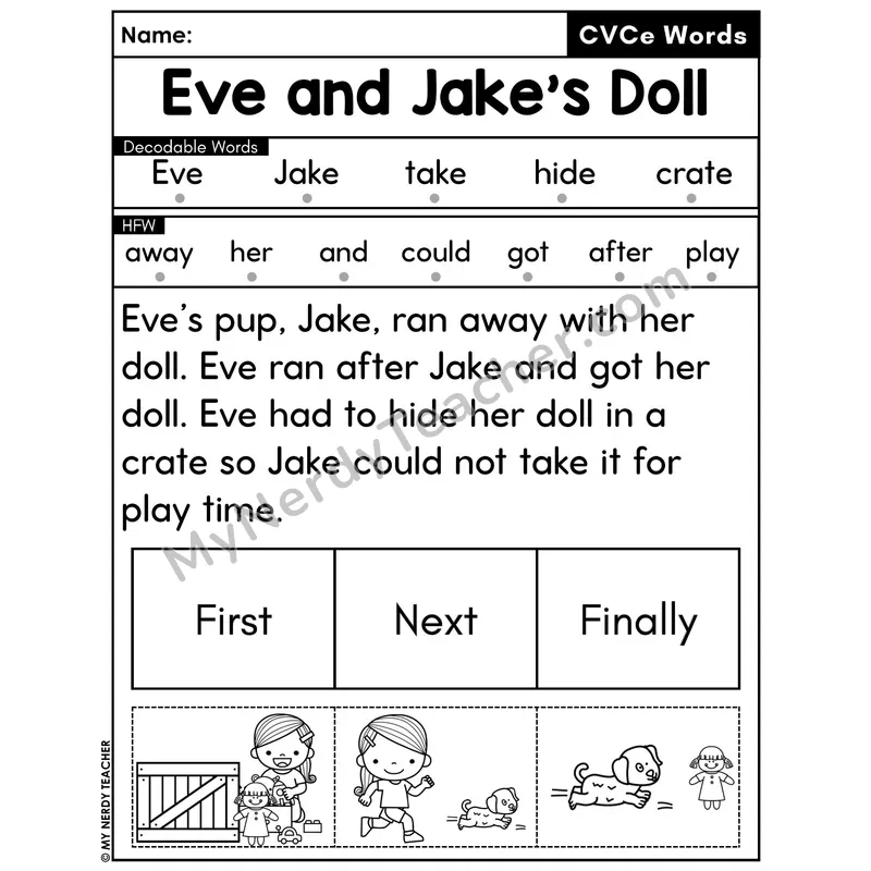 CVCe Silent E Decodable Passage with Sequencing #14 — Eve and Jake's Doll