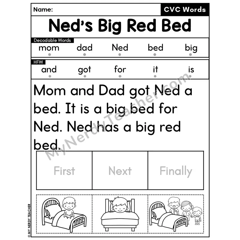 CVC Decodable Passage & Sequencing — Editable PPT #3 — Ned's Big Red Bed