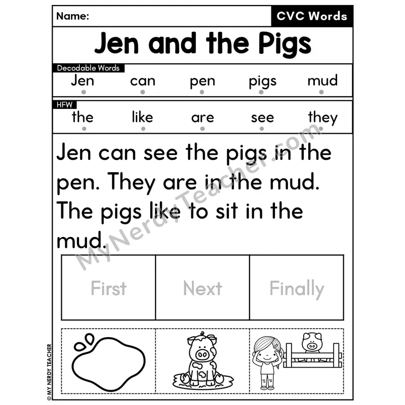 CVC Decodable Passage & Sequencing — Editable PPT #5 — Jen and the Pigs
