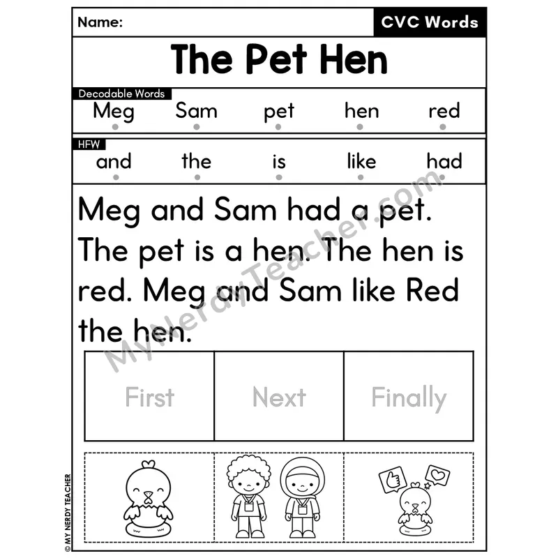 CVC Decodable Passage & Sequencing — Editable PPT #1 — The Pet Hen