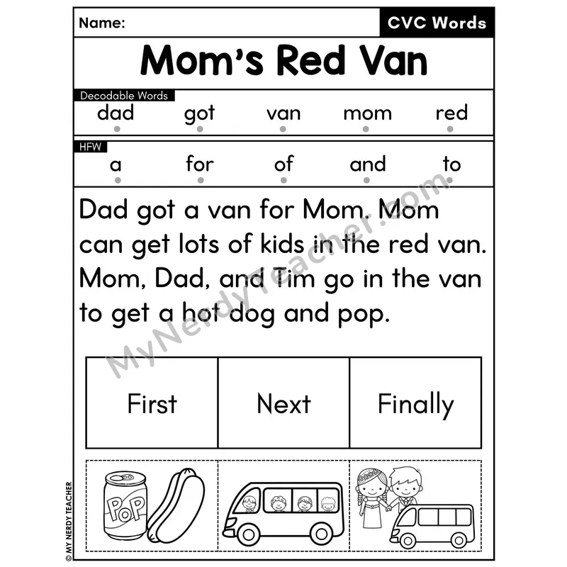 CVC Decodable Passage with Sequencing #13 — Mom's Red Van