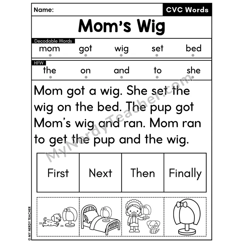 CVC Decodable Passage with Sequencing #11 — Mom's Wig