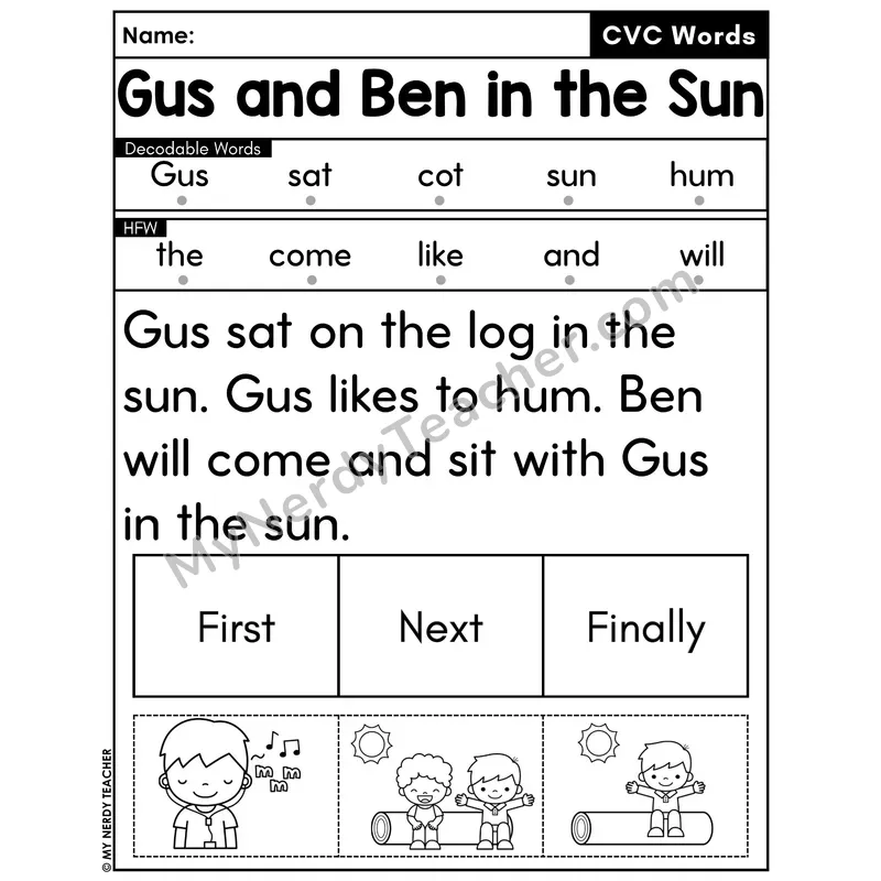 CVC Decodable Passage with Sequencing #12 — Gus and Ben in the Sun