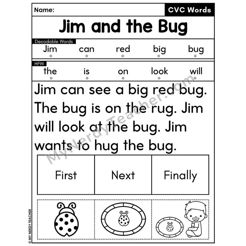 CVC Decodable Passage with Sequencing #9 — Jim and the Bug