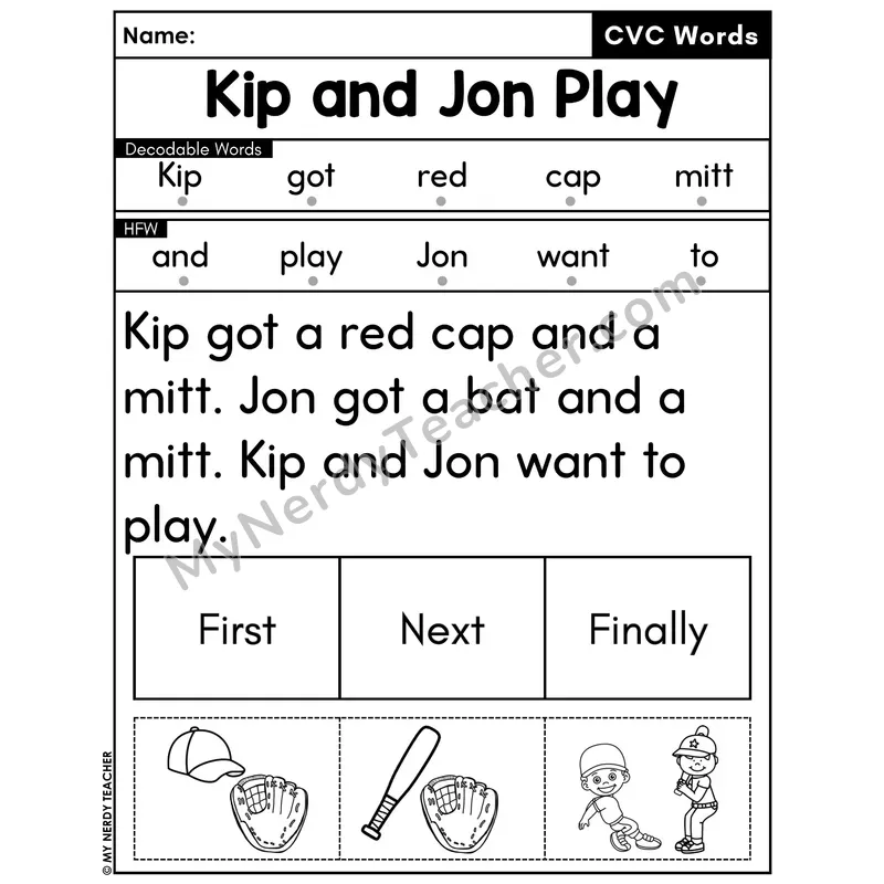 CVC Decodable Passage with Sequencing #8 — Kip and Jon Play