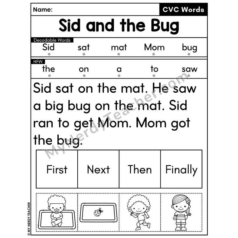 CVC Decodable Passage with Sequencing #6 — Sid and the Bug