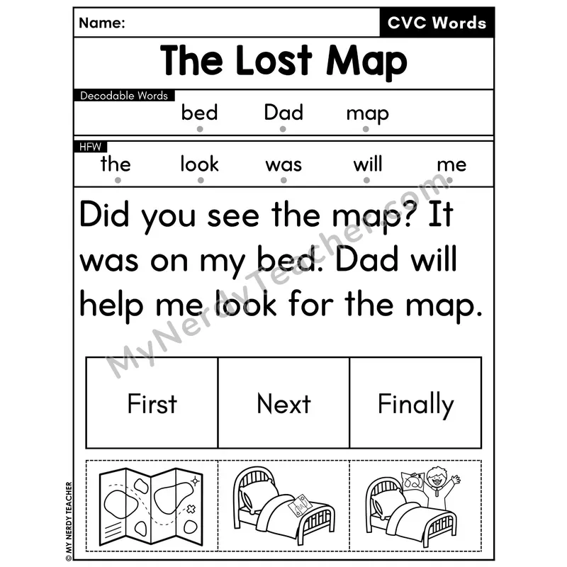 CVC Decodable Passage with Sequencing #7 — The Lost Map