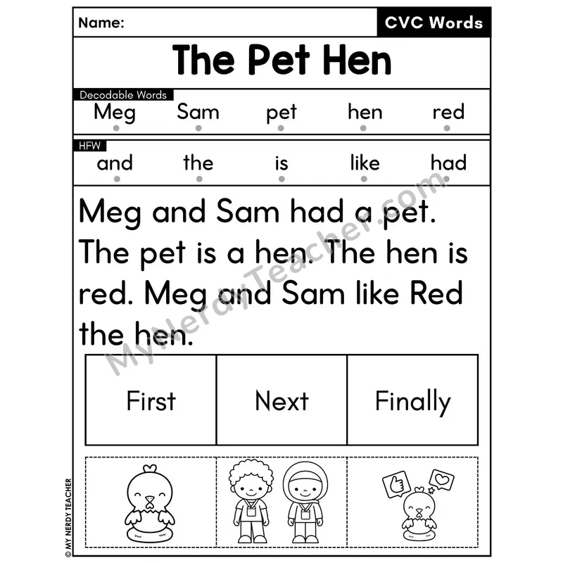 CVC Decodable Passage with Sequencing #1 — The Pet Hen