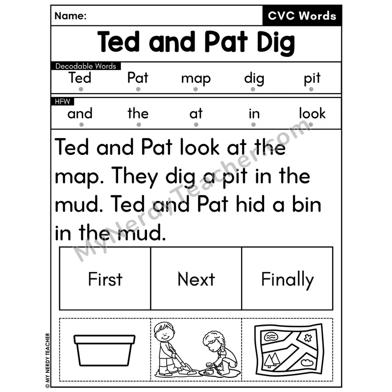 CVC Decodable Passage with Sequencing #44 — Ted and Pat Dig