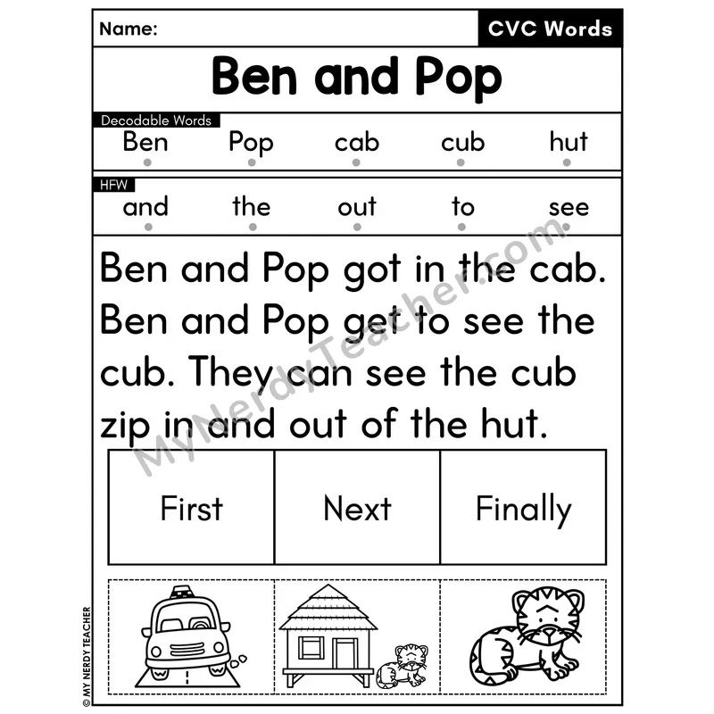CVC Decodable Passage with Sequencing #45 — Ben and Pop